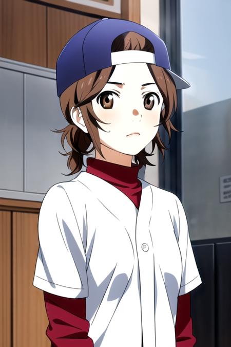 masterpiece, highres,1girl,brown hair, brown eyes,   <lora:TsubakiSawabeR4:0.7>, TsubakiSawabeR4, baseball,baseball cap,solo,sportswear,upper body,