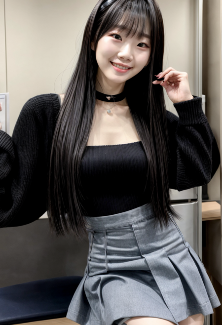 A korean girl in school, black hair, small nose, smile, cute, choker, raising the skirt, long hair, big tits, <lora:KoreaG-01:0.4>  <lora:add_detail:0.8>