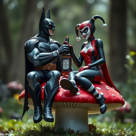 High-resolution, action-adventure style image. Batman and Harley Quinn are sitting on a brightly coloured toadstool, they share a bottle of Jack Daniels. high quality, high definition Image, long shot, deep focus, low level shot