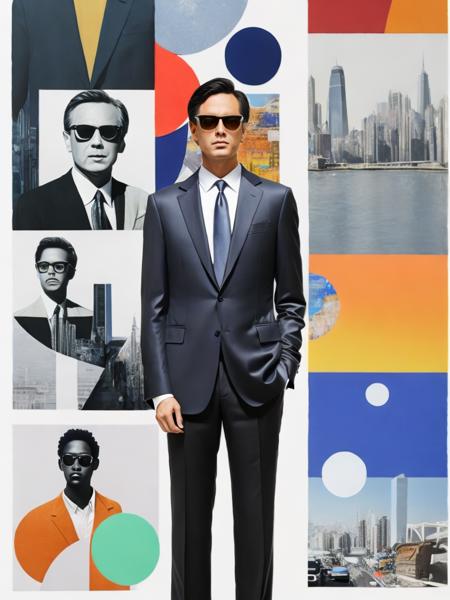 <lora:RobertRauschenberg:1>a man in a suit and tie with sunglasses on his face and a collage of images behind him by Robert Rauschenberg