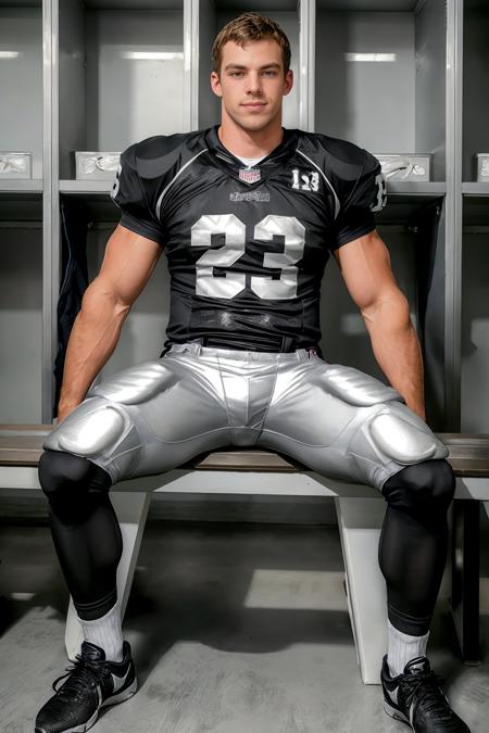 in an American football locker room, (sitting on a bench), legs spread open, muscular LoganRobbins, American football player wearing American football uniform, American football shoulder pads, (((black  jersey))), jersey number 23, ((silver football pants and pads)), (black socks), (sneakers), slight smile, masterpiece, (((full body portrait))), full body shot  <lora:LoganRobbins:0.75>