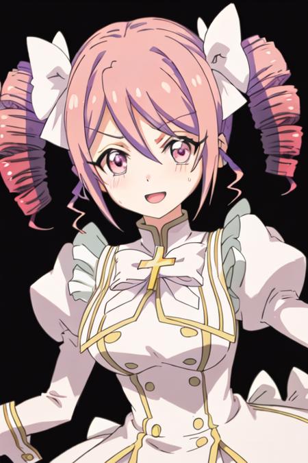 best quality, masterpiece, highres, solo, {pino_jashinchandropkick:1.15}, drill_hair, pink_hair, twin_drills, ribbon, twintails, hair_ribbon, cross, pink_eyes, 1girl, black_background, blush, looking_at_viewer, open_mouth, simple_background, hair_between_eyes