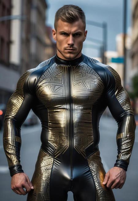 a very strong 28-year-old german supervillain bodybuilder  male, with short hair,  evil face, evil expression, wearing a skin tight latex jockstrap, wearing a skin tight black latex supervillain  bodysuit with silver and gold patterns, big muscles. standing at attention posture, on an modern street, looking to the camera, detailed face, Cinematic, Photoshoot, Shot on 25mm lens, Depth of Field, Tilt Blur, Shutter Speed 1/1000, F/22, White Balance, 32k, Super-Resolution, Pro Photo RGB, Half rear Lighting, Backlight, Dramatic Lighting, Incandescent, Soft Lighting, Volumetric, Conte-Jour, Global Illumination, Screen Space Global Illumination, Scattering, Shadows, Rough, Shimmering, Lumen Reflections, Screen Space Reflections, Diffraction Grading, Chromatic Aberration, GB Displacement, Scan Lines, Ambient Occlusion, Anti-Aliasing, FKAA, TXAA, RTX, SSAO, OpenGL-Shader s, Post Processing, Post-Production, Cell Shading, Tone Mapping, CGI, VFX, SFX, insanely detailed and intricate, hyper maximalist, elegant, dynamic pose, photography, volumetric, ultra-detailed, intricate details, super detailed, ambient