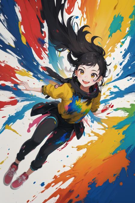 masterpiece,best quality,1girl,colorful,paint,wall,motion,dynamic,action,smile