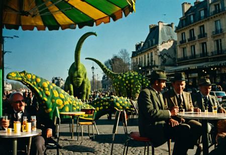 An award winning cibachrome photograph, of Two gentlemen at an outdoor cafe in Paris after the first LSD bombs dropped on the city, a brontosaurus walking in the background, Leica M3, Kodachrome, 50mm lens, dramatic psychedelic cinematic lighting, cinematic still, stereoscopic 3d, 
badquality, low quality, UnrealisticDream