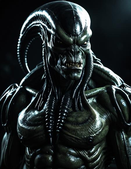 Upper body portrait, xenomorph orcs, extremely muscular. Extremely detailed, dark, sad, low-key, cinematic grain, dramatic light