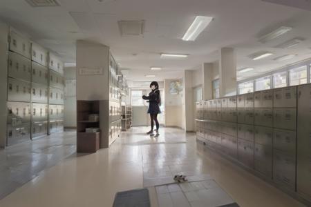 best quality, ultra-detailed, illustration,
getabako, scenery, locker, indoors, school, window, hallway, ceiling light, sunlight, ceiling, tiles, reflective floor, tile floor, door
multiple girls, glasses, black hair, long hair, standing, red necktie, pantyhose, white shirt, shoes, school uniform, blue skirt, collared shirt,
 <lora:getabako1_SD15_V1_DIM4:1>