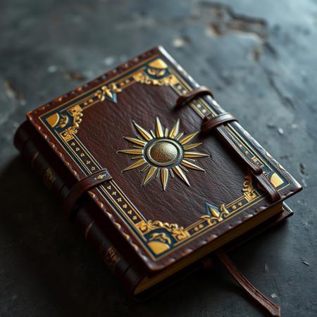 Brown medieval book with gold, grey background, cover, sun emblem, laying on a table, leather strap bind