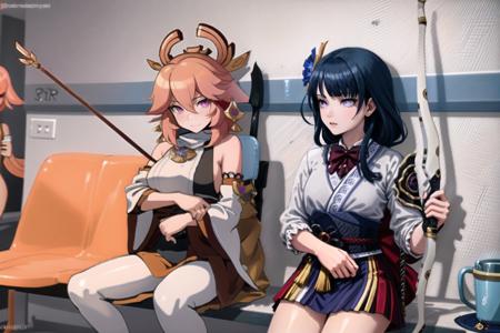 masterpiece, best quality, incrsshotbysonmeme, 2girls, <lora:FatherShotBySonMeme:0.45>, holding, bow \(weapon\), holding weapon,
BREAK, yae miko, pink eyes, long hair, pink hair, animal ears, <lora:Char_GenshinImpact_YaeMiko:1>,
BREAK, Raiden_Shogun_\(genshin impact\), Raiden_Shogun:1.2, blue hair, long hair, <lora:Char_GenshinImpact_RaidenShogun:0.8>