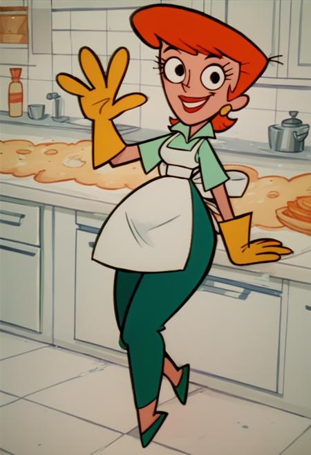 dextersmom, solo, 1girl, aqua shirt, green pants, rubber gloves, orange hair, earrings, apron, short hair, smile, kitchen, lipstick,green footwear