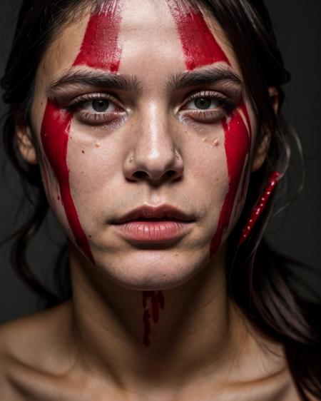 Close-up portrait, (intense gaze:1.2), (blood-streaked face:1.3), (detailed bruises on hands:1.2), (tearful eyes:1.1), gripping chin, raw emotion, high resolution, (vivid detail:1.1), strong contrast, dark hair, ambient lighting, shallow depth of field, Canon EOS 5D Mark IV, 1/125s, f/2.8, ISO 100, natural skin texture, emotional storytelling,,  <lora:quiet_(metal_gear):0.8>, upper body,