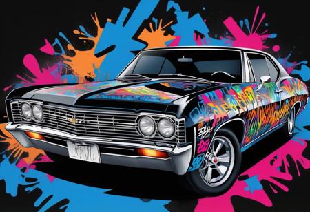 fcNeg, A captivating vector illustration showcasing a classic 1967 Chevrolet Impala adorned with vibrant graffiti on a black background. This stunning image combines the timeless elegance of the Impala with the energy and creativity of graffiti art, creating a unique and eye-catching visual experience.
The illustration features a mix of abstract shapes and lettering, as well as various elements commonly found in graffiti art, such as drips, arrows, and wildstyle lettering. The use of bright and contrasting colors against the black background creates a sense of depth and dimensionality, while the attention to detail and intricate linework adds to the overall visual impact of the design.
This captivating artwork invites viewers to explore the dynamic and expressive world of graffiti art, while also appreciating the classic and iconic design of the 1967 Chevrolet Impala. The combination of urban creativity and automotive history creates a unique and compelling image that celebrates the intersection of art and nostalgia.