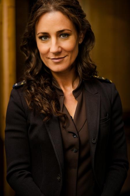 cop costume ,  izakaya , dusk  <lora:Orla_Brady:1> masterpiece, best quality, detailed face,, 1girl, solo, a mature o1873b, brown_eyes, realistic, brown_hair, long_hair, posing,
