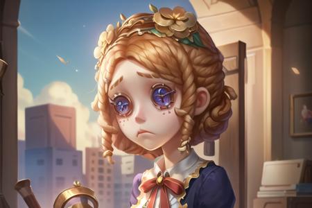 masterpiece, best quality, identity v, button eyes, detailed, 8K, 1girl, sad, upper body, day,