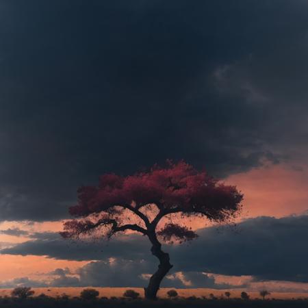 raw portrait ethereal (bonzai apple tree:1.1) in stormy dark clouds, leaves in wind <lyco:Cloudify:0.55>  <lora:LowRA:1> (sunset red sky:1.1),  autumn sun low on horizon, desert oasis  <lora:treebark:0.15>