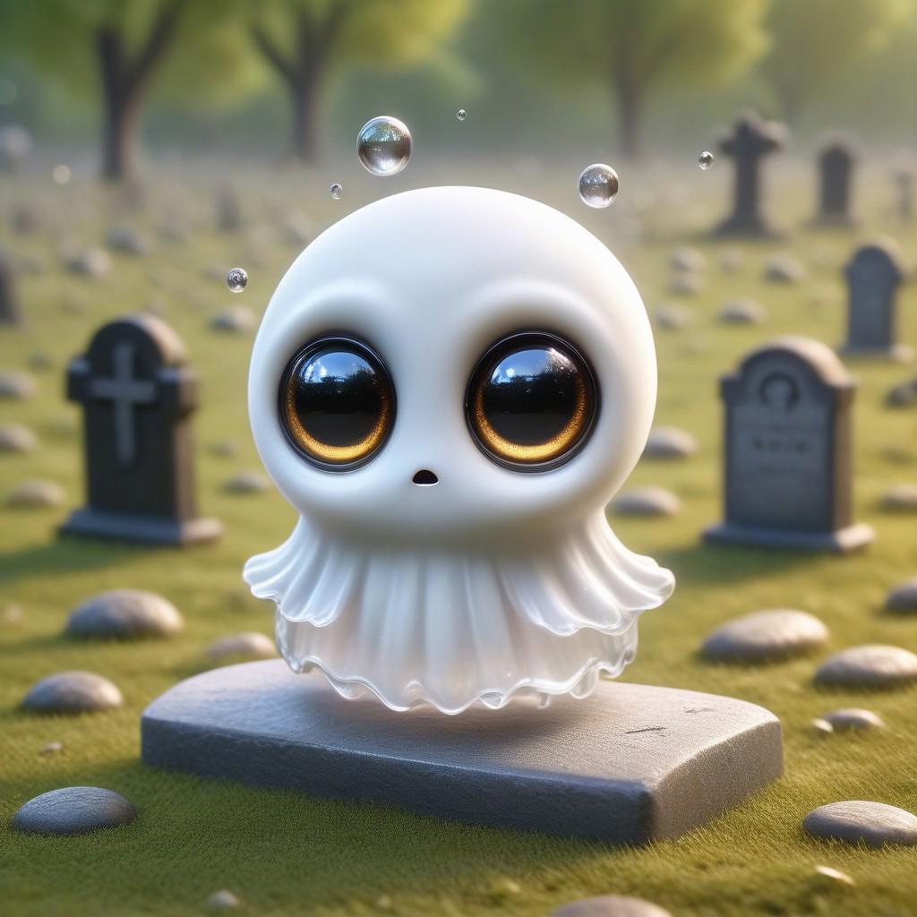 cute, small, transparent, ghost with large eyes floating over tombstone, sad mouth,