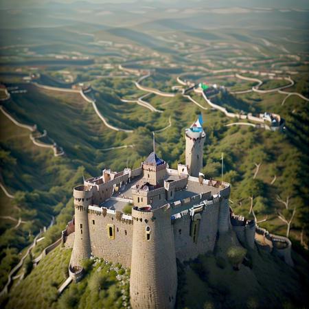 <lora:shallowfocus_style_v1_2700_lora:1.3> (shallowfocus style:1.3), aerial photo of a mysterious castle on a hilltop, horizon