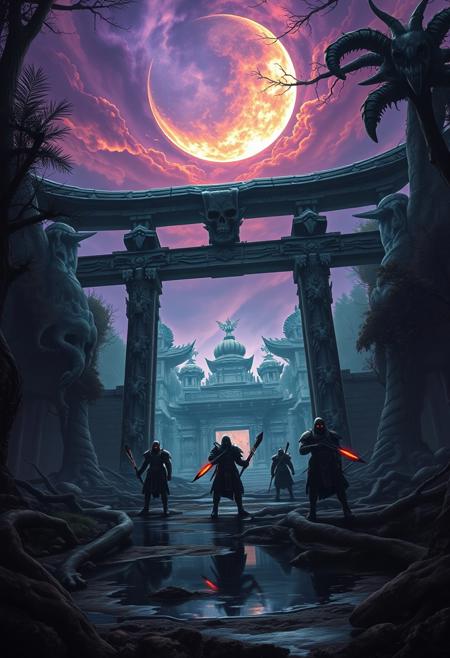 In a dark, ancient forest, a massive torii gate looms—its structure a grotesque fusion of bone and sinew, as if the earth itself birthed it. This gate marks the entrance to a twisted temple, where stone merges with living flesh, walls pulsing with dark, rhythmic energy. Above, the sky is an ominous swirl of purples, molten oranges, and electric blues, casting a sickly light as a battle rages unseen.
At the gate, warriors stand in eerie silence, encased in biomechanical armor that fuses with their bodies, their faces hidden behind skeletal masks, eyes glowing with cold, inhuman resolve. Drawn by the promise of an ancient, living artifact, they grip weapons that pulse as if alive, extensions of their very flesh.
The air is thick and suffocating, as though the forest itself is a sentient being, watching through countless unseen eyes. A nearby pool of dark liquid reflects the distorted sky and the flickering lights of the distant conflict. The crescent moon, sharp and metallic, casts jagged, creeping shadows that slither across the ground.
The warriors exchange silent, knowing glances. With a final nod, they advance, their steps synchronized and mechanical. They march toward the temple’s maw, prepared to face the nightmarish, biomechanical horrors within, their resolve as unyielding as the twisted world around them.