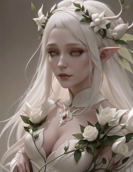 Elf female , in dress ornate, white hair, deer horns on her head, elven goddess dragon age, perfectly proportioned body , flowers , leaves, white deer, omnilight , Ross Tran , Wlop , intricate detail ,dark background , HD. Photography