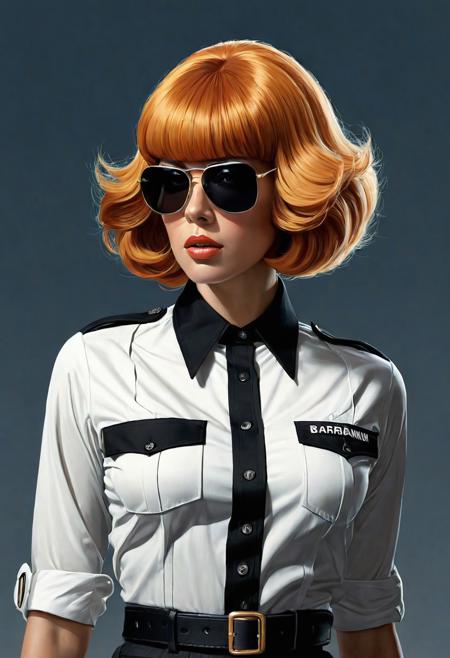 scarlett Johannson wearing sunglasses in a bobcut ginger wig, dressed in a black-and-white 1970s safari referee shirt, black  bell-bottem slacks with a white belt, stylised by Mary Quant, professional ominous concept art, by artgerm and greg rutkowski, an intricate, elegant, highly detailed digital painting, concept art, smooth, sharp focus, illustration, in the style of simon stalenhag, wayne barlowe, and igor kieryluk, 3D