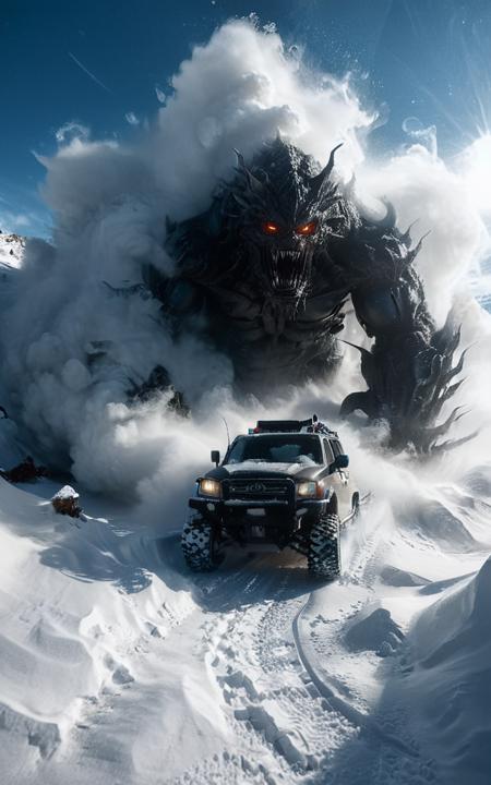 (gigantic evil monster avalanche:1.1) ,chasing a snow vehicle, close up, desert place, (foot steps on snow:1.1), windstorm, snow-covered, futuristic atmosphere, extremely detailed, cinematic light, masterpiece, OverallDetail-SDXL, <lora:add-detail-xl:1>, <lora:xl_more_art-full_v1:0.5>, <lora:Radiant_Darkness:1> ,<lora:Desolation:0.4>,ice vapor,dark light,morning light ,<lora:Sinister_Style_SDXL:0.6>, <lora:aesthetic_anime_v1s:0.7>