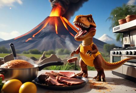 cinna flow, Happy t-rex wearing an apron is making breakfast in a kitchen close to an exploding volcano, the t-rex is happy while holding a pan with some slcies of meat, with a very detailed background, dynamic angle, dust particles,colorful happy scene, novuschroma53 style