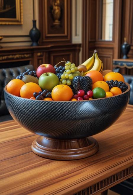 cf_style, carbon fiber fruit, wooden bowl full of diffrent fruit, on wooden table, rich mansion interior, masterpiece, best quality, highly detailed, high resolution, absurdres