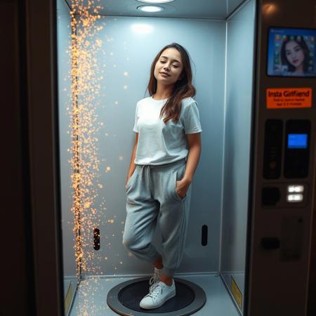 inside the vending machine a 23 year old cute petite woman in grey sweat pants and white t-shirt and white tennis shoes. behind a pane of glass, facing viewer, eyes closed, a look of serenity on her face, light natural makeup, medium breasts. Many golden and blue particles of light revolve around the woman, teleportation,  standing on a small circular platform, particles of golden light swirl around the woman, the vending machine is labeled:"Insta-Girlfriend"