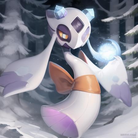 froslass, snowy forest background, glowing orange eyes, floating, (purple skin:1.4), no legs