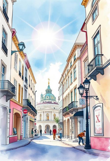 A delicate watercolor painting of a historic city corner, bright lens flare, light streaks, and vibrant translucent washes. Animation art style with bold linework, minimalist detail, dynamic composition, stylized characters, and dramatic framing.