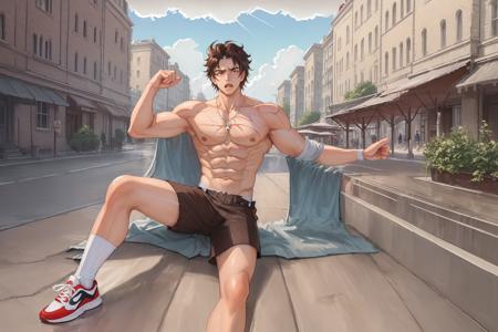 (((masterpiece))),(((bestquality))),((ultra-detailed)),(illustration),(detailedlight), 8k wallpaper, ((anextremelydelicateandbeautiful)),dramatic_shadow,
1boy,solo,sunce,musclar,(spike hair:brown hair:0.6:0.8),white shirts,((Anger vein)),Two-tone hair,Colored tips,looking afar,,buruma,white legwear,sneakers,stretching
street,citys,Clouds, ,rainy,afternoon,in summer <lora:sunce-3-000010:0.6>