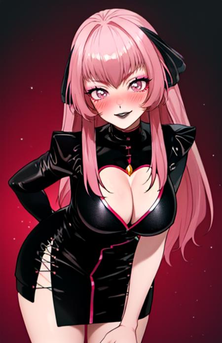 condesavr, grin, hair bun, heart, large breasts, lipstick, long hair, medium hair, open mouth, pink hair, symbol-shaped pupils, twintails,