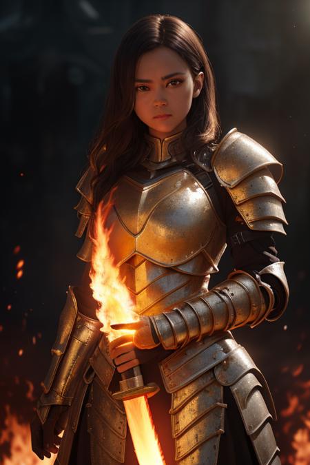 woman with a flaming sword, ((wearing battle armour):1.1), ((battle field background):1.2),( (holding flaming sword):1.2), Hyperrealistic, Hyperdetailed, analog style,demure, detailed skin, matte skin, soft lighting, subsurface scattering, realistic, heavy shadow, golden ratio, Intricate, High Detail, film photography, (looking at camera, close up, from waist), (best quality, high quality:1.2), (masterpiece:1.1), (detailed), photorealism, photorealistic, 8k, hdr, cinematic lighting, cinematic bloom, sharp focus, lens flare, ray tracing, reflections, sharp focus