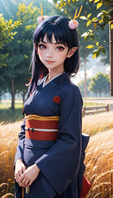 blue and red kimono long hair blue hair pointy ears red eyes gold horns