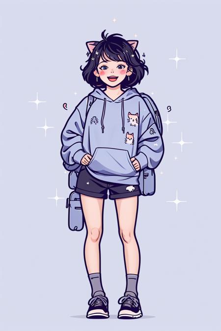 sdmai,Flat illustration, 
animal ears, cat, blue background, 1girl, black shorts, shorts, solo, bag, cat ears, open mouth, long sleeves, white footwear, grey hair, hair ornament, short hair, shoes, blush, backpack, full body, hood, earrings, looking at viewer, white cat, jewelry, hoodie, drawstring, tail, standing, cat tail, hairclip, bangs, socks, blush stickers, ?, sparkle, chibi, spoken question mark, (masterpiece:1.2), best quality, highres,extremely detailed CG,perfect lighting,8k wallpaper,
<lora:SDMAIç®ç¬çº¿æ¡ç¢éæç»:1>