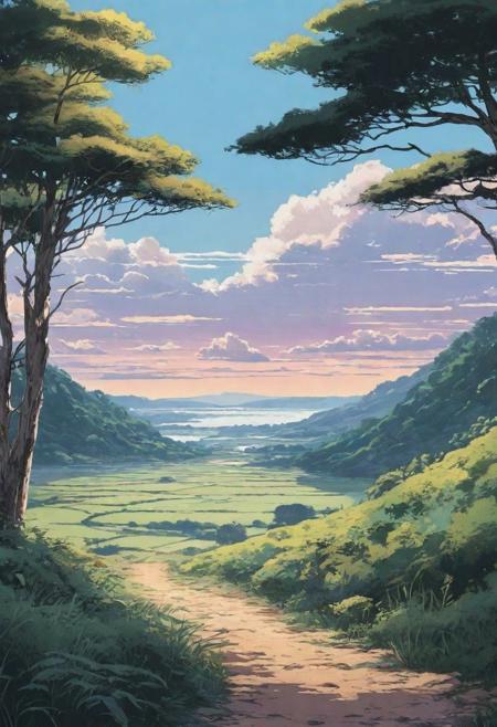 landscape, lo-fi style, epic, different bioms, horizon, different colours palette, pale colors, muted colors, vector, intricate details, highly detailed, soft, acryl, ink painting, strokes, blots, style of makoto shinkai