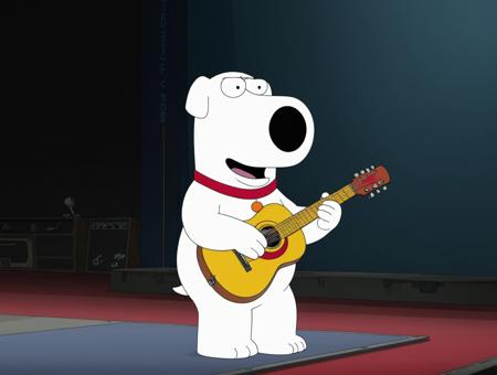 (masterpiece,best quality, high quality:1.2),2d,flat color,cartoon,highres,
brian griffin,solo,playing instrument,guitar,happy,smile,
on stage,
<lora:brian_griffin:0.8>