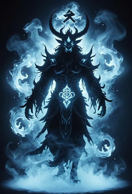 A shadow demon, with a completely black body composed of smoke, features iridescent white runes that fade into a gradient, eventually turning frosty silver. This ghostly entity appears to cover the entire planet, presented in an anime style with low contrast. The demon boasts white, glowing horns and draws inspiration from traditional Japanese and Chinese demons.