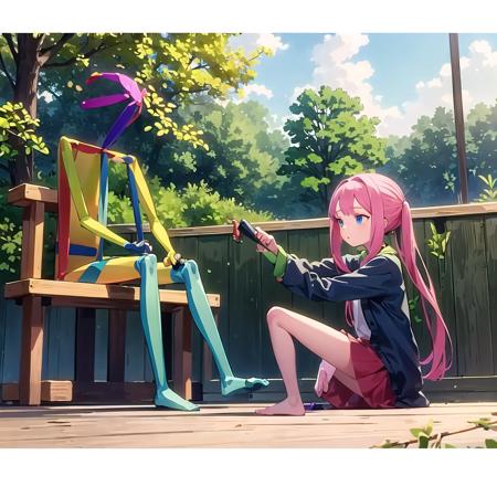 openposeman,  stick and 1girl, sitting, outdoors, <lora:openposeman:1>