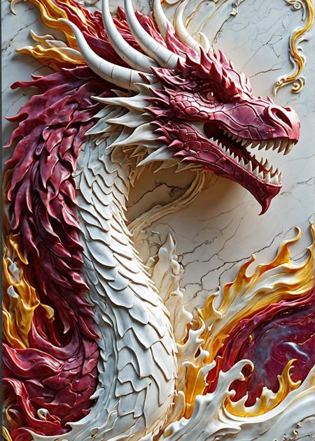 a dragon and flames, (marble and ruby:1.2),  <lora:TQ_-_Relief_Paintings_XL:0.4> relief background,relief murals, detailed,8K, shiny, fluid dynamics 3D art style, 3d fluid render, expressive and dynamic, vibrant contrasting colors, lively appearance, mesmerizing flow of shapes, simulation of fluid dynamics, swirling motion, bold colors blending seamlessly, abstract and captivating, fluidity and energy, mesmerizing composition, engaging viewer experience, seamless integration of colors and shapes, volumetric, 4k, Cinematic photography, movie mood, cinematic light, compelling composition, storytelling elements, conveys emotion, mood, and narrative depth, creating visually striking images that feel like still frames from a film