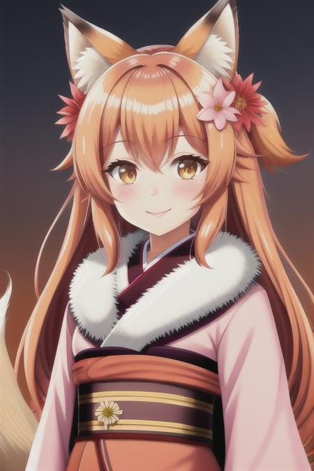 masterpiece, best quality, highly detailed, 1girl, solo, (:3:0.9), animal ear fluff, animal ears, orange hair, fluffy hair, blush, brown eyes, flower, fox ears, fox girl, gradient, gradient background, hair flower, hair ornament, japanese clothes, kimono, looking at viewer, miko, smile, solo, white kimono, beautiful lighting, (Lovis Corinth:1.3)