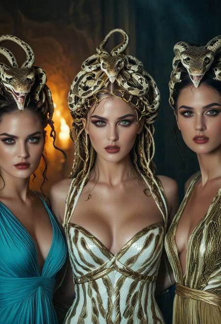 Three beautiful-faced Vengeance. All three goddesses have snakeheads on their heads like Medusa. They are dressed in dresses of Greek goddesses. Attractive face, cinematic scene, movie still, danger