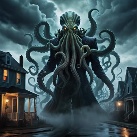 misty, cloudy sky, cthulhu rising, ruler of the demons, ominous night mist, davy jones with tentacles, dark neighborhood, the most epic, banshee,
