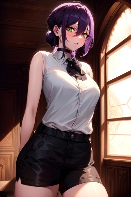 masterpiece, ((ultra detailed background, delicate pattern, intricate detail)), (highly detailed, fine details), best quality, beautiful lighting, ((medium breasts, slim girl)), Reze, 1girl, solo, green eyes, choker, hair between eyes, multicolor hair, purple hair, black hair, hair bun, short hair, ((white shirt, collared shirt, sleeveless, ribbon, black shorts)), blush,  complex detailed background, inside, castle room environment, medieval castle, gray walls, window, bookshelf, (cowboy shot),  <lora:Reze:0.75>