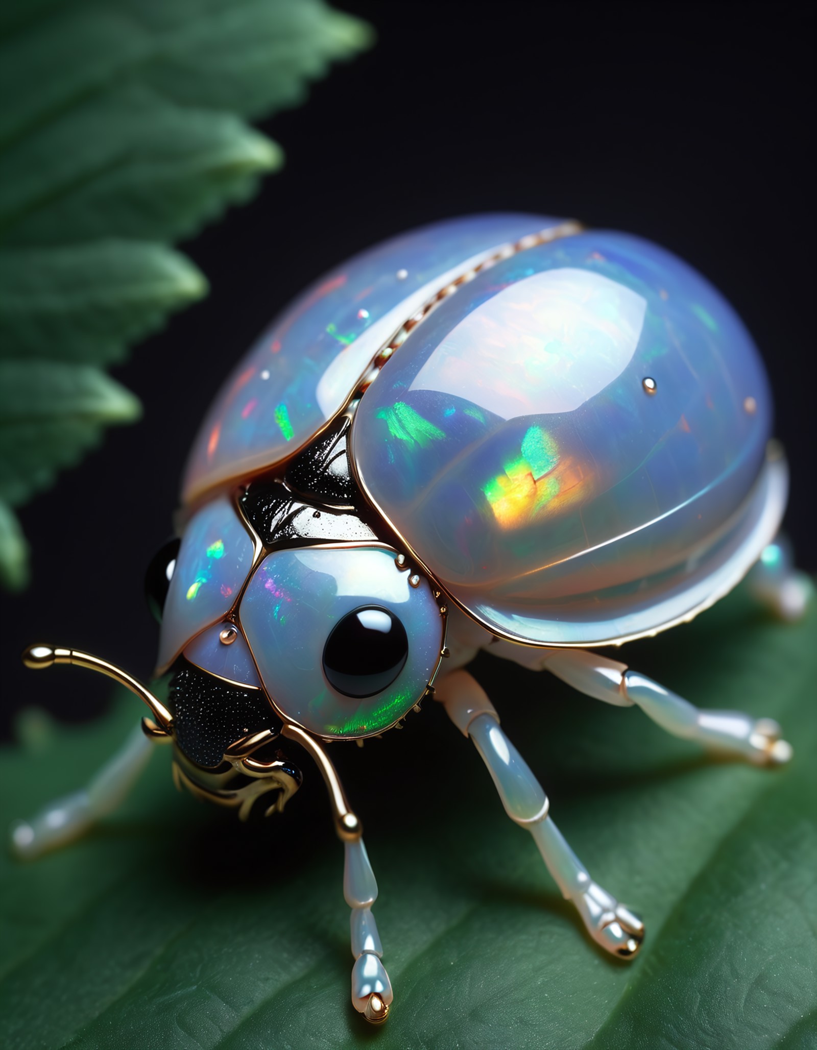 a OpalPearl opal ladybug on a leaf, very detailed, dramatic lighting, 4k, uhd, masterpiece