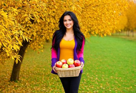 close-up full body sexy woman look in camera, 
happy, 
colorful autumn clothing. long black crispy messy hair, 
she holds a basket apple in hand, 
bright colors, 
high resolution, 
best quality, 
32K uhd autumn backround