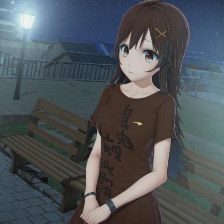 t-shirt, 1girl, outdoors, bangs, hairclip, railing, dress, starry sky, upper body, pillow, door, brown eyes, x hair ornament, bench, night, <lora:Yumi_Yamaguchi:1>