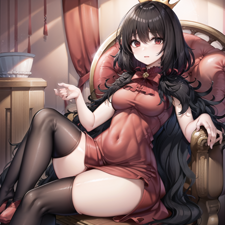The_Red_Queen_Lorina a digital animation painting of a digital painting of a female cartoon character, wearing a crown, sitting on a black and checkered upholstered chair, 1girl, crown, solo, black hair, dress, thighhighs, sitting, red dress, looking at viewer, flower, red eyes, indoors,