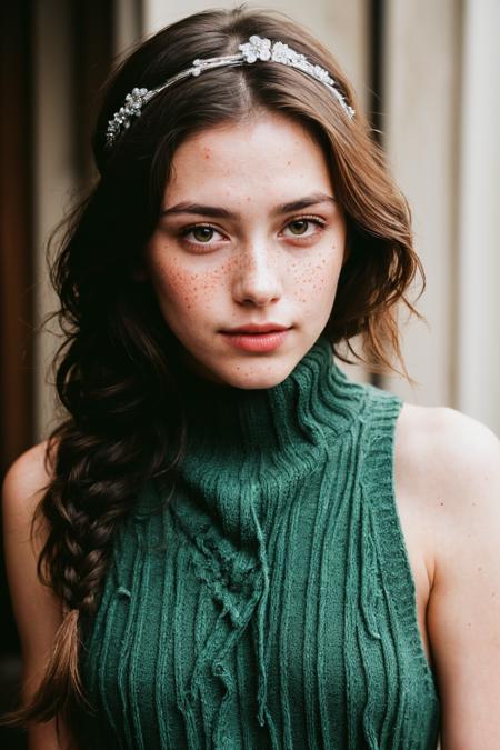 (masterpiece, best quality:1.1), photograph, Porta 160 color, shot on ARRI ALEXA 65, bokeh, depth of field, shot by Don McCullin, (blemishes, skin pores, textured skin:1.1), sharp focus, vibrant colors, PA7_Photo, PA7_Human-Likeness, volumetric lighting, <lora:detail_slider_v4:1>, <lora:FujiVelvia50:0.5>, <lora:GoodHands-beta2:0.8>,
solo, 1 girl, adult welsh woman,  green eyes, dark brown fishtail braid, smile, parted lips, sexy lips , freckles, eyeliner, from front, <lora:virgin_killer_sweater:1>, virgin killer aran sweater, sleeveless turtleneck,  sideboob, areola slip, light green sweater,  headband, dark green abstract background, geometric pattern,,