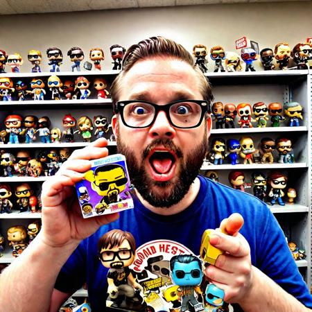 Man with beard and glasses holding a Funko Pop at the camera with his mouth open. The entire room is filled with shelves of Funko Pops.